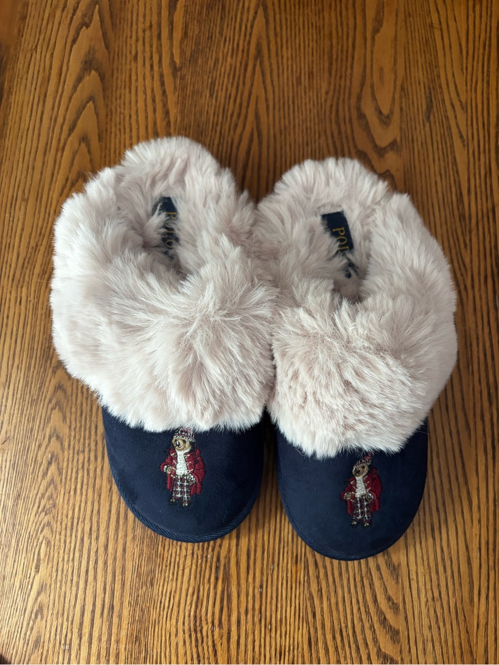 Polo by Ralph Lauren Navy Slippers with Cream Faux Fur
